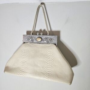 Moulin Rouge Snake Embossed Leather Bagette Hinged Hand Bag Cream GUC
